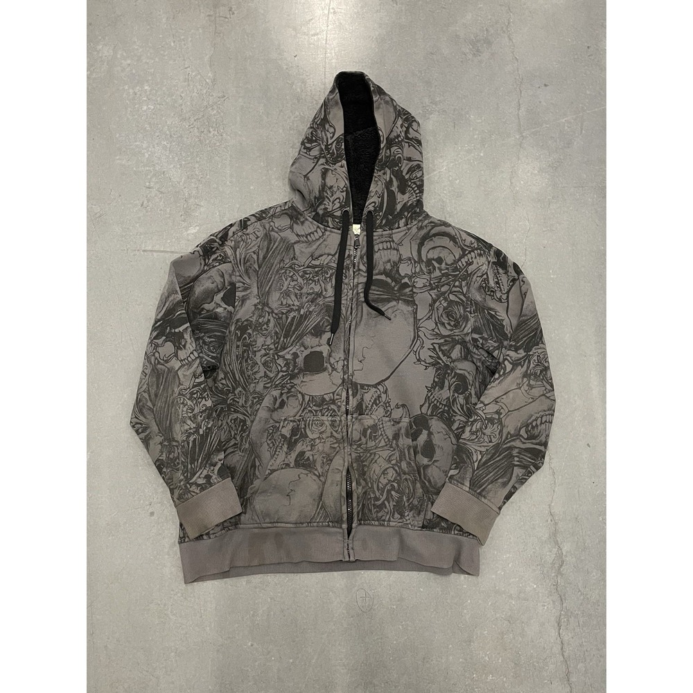 Vintage Y2K Faded Glory Pile Of Skulls Sherpa Lined Zip Up Hoodie Gray Large